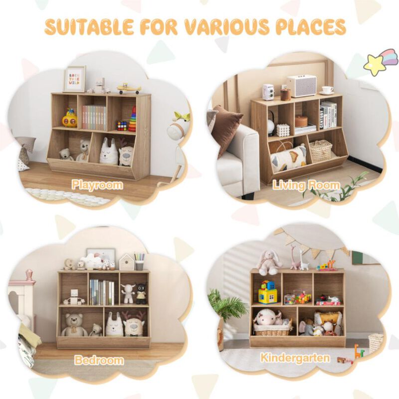 Hivvago 5-Cube Wooden Kids Toy Storage Organizer with Anti-Tipping Kits-Natural