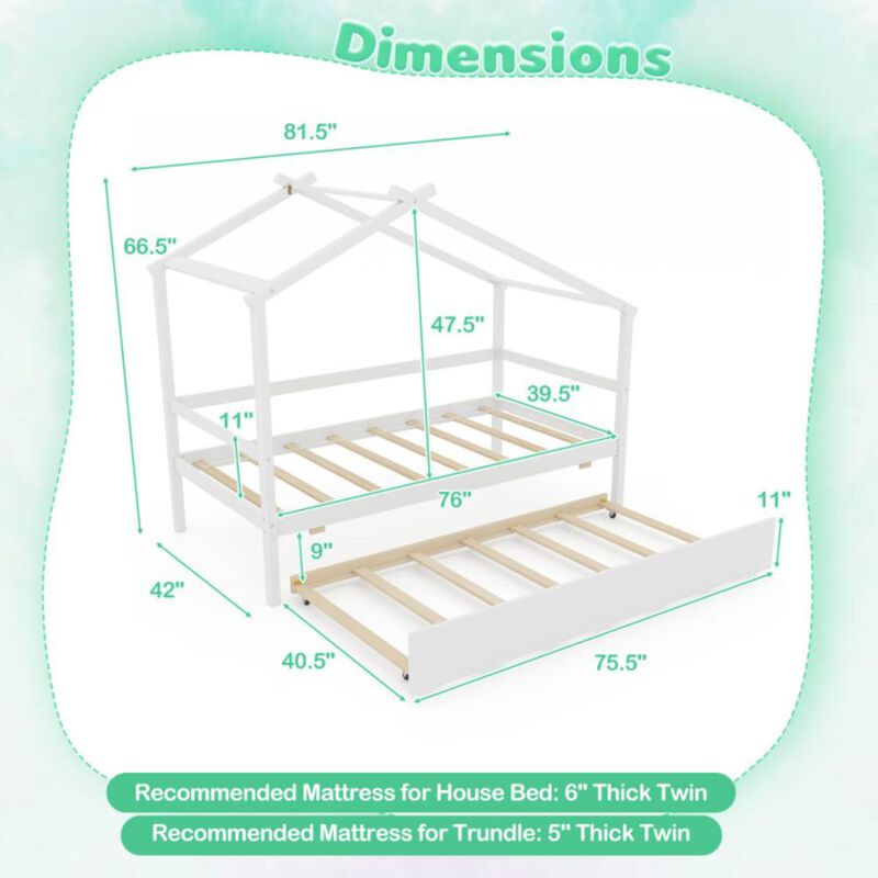 Hivvago Kids Twin Size House Bed with Trundle and Roof