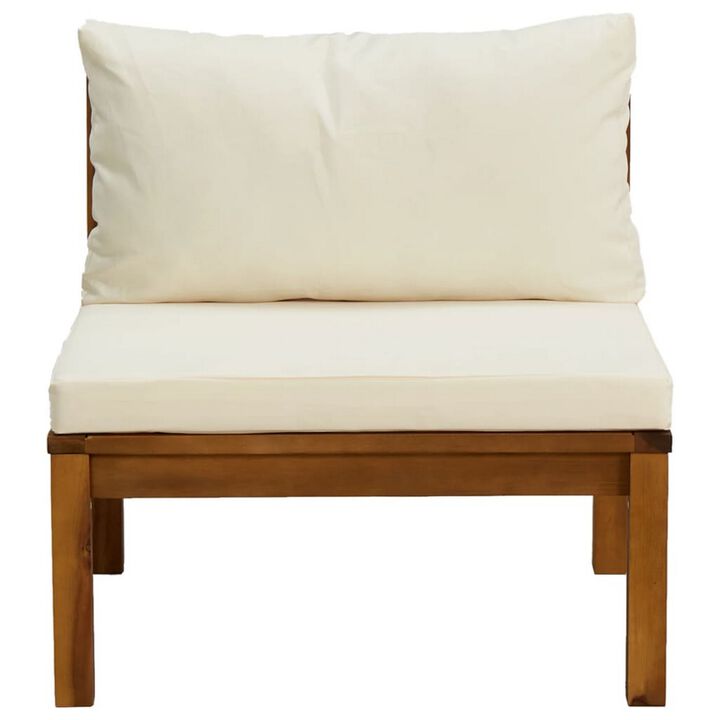 2pc Outdoor Patio Sofa and Table Set, Ivory Cushion, Brown Acacia Wood - Benzara