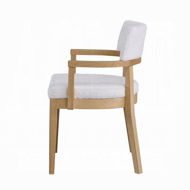 Semi Dining Armchair Set of 2, Curved Cutout Back, White Fabric, Brown - Benzara