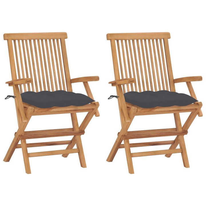 Outdoor Accent Chair Set of 2, Folding Design, Gray, Brown Teak Wood - Benzara