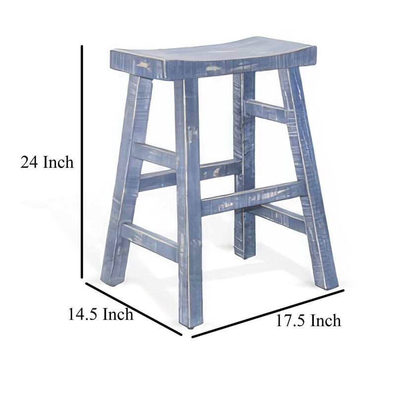 Rena Counter Stool Set of 2, Saddle Seat, Ocean Blue Mahogany Wood - Benzara