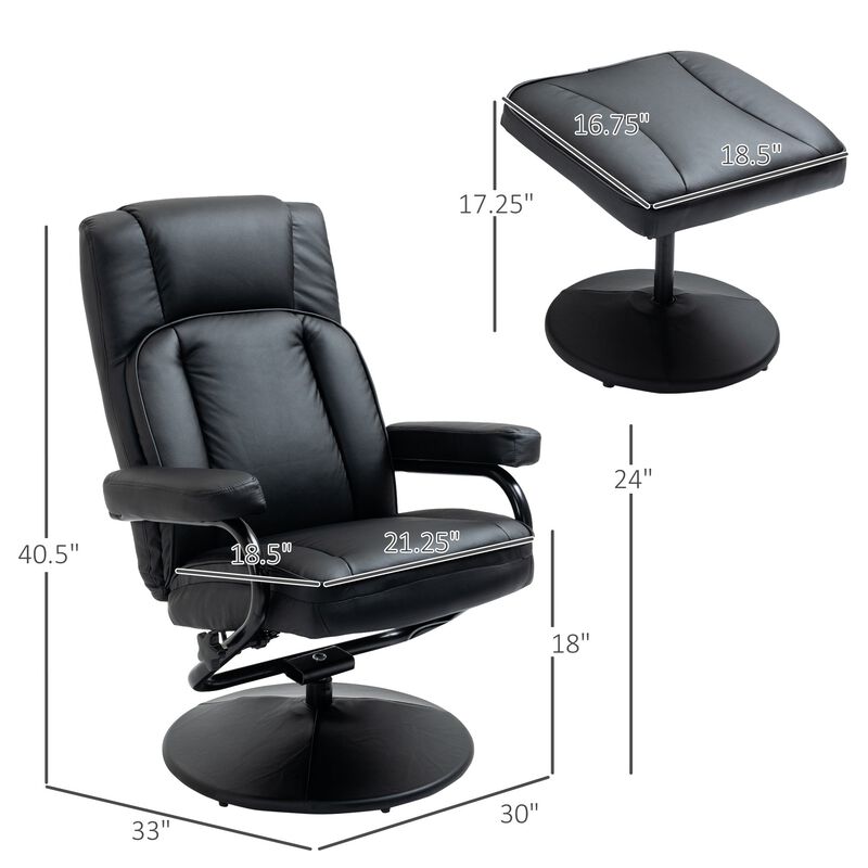 Black Living Room Set: Swivel Recliner with Ottoman in PU Leather