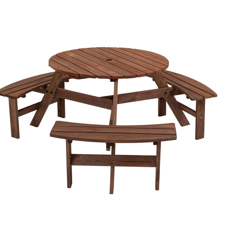 6-Person Outdoor Circular Picnic Table Patio Dining Set with 3 Built-in Benches for Backyard & Garden