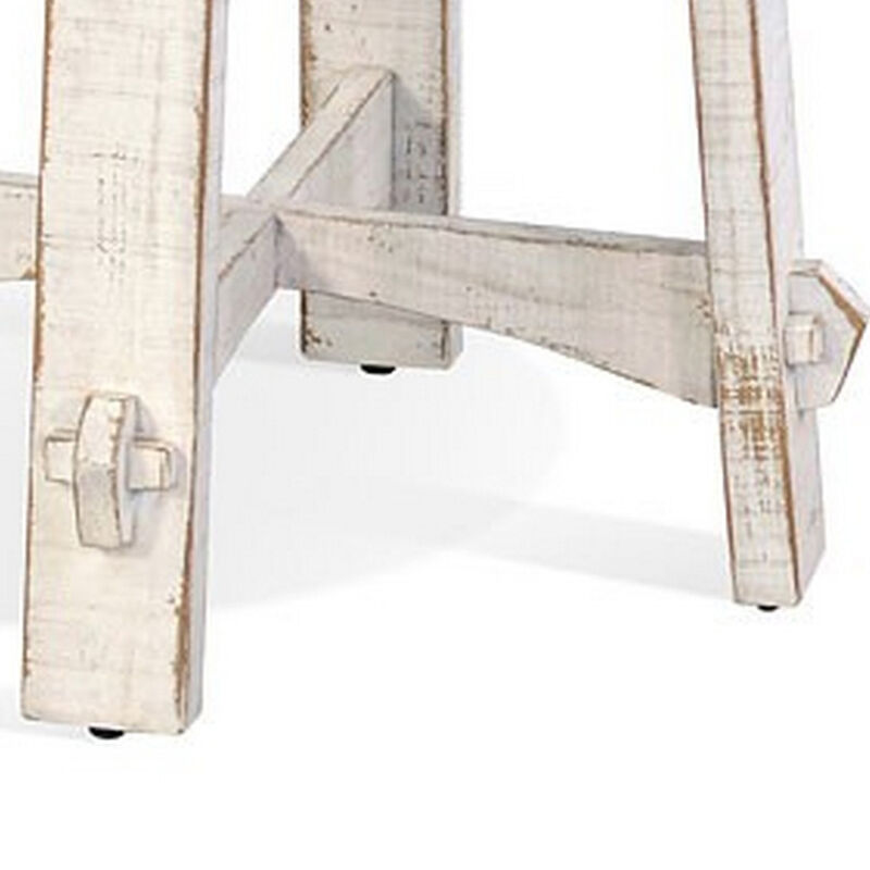 Rena Rustic Side End Table, X Legs, 24in Round, Distressed White Wood - Benzara