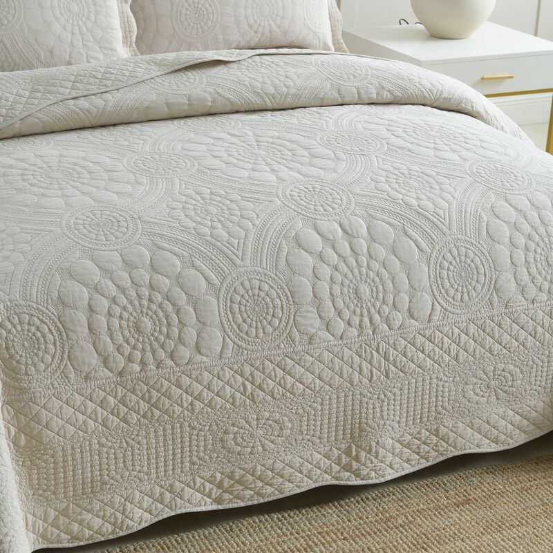 MarCielo 3 PCS 100% Cotton Oversized Bedspread Quilt Set Embroidery TF