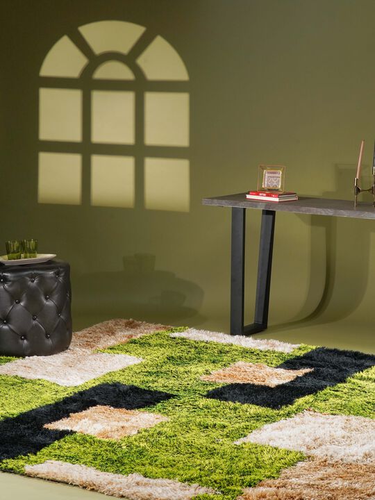 RUGSOTIC CARPETS HAND TUFTED SHAG POLYESTER ECO-FRIENDLY AREA RUGS  - 8'x8', Square, Green Beige, Geometric Modern Design, High Pile Thick Handmade Anti Skid Rugs for Living Room K00012