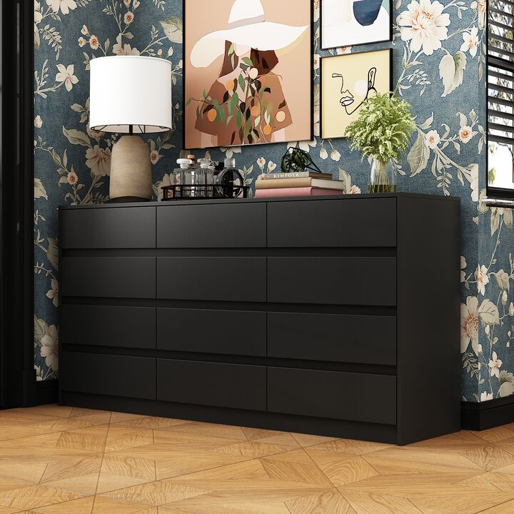 12 Drawer Dresser for Bedroom, 63“L Wooden Double Dresser, Modern Chest of Drawers Storage Organizer Dresser for Entryway Hallway