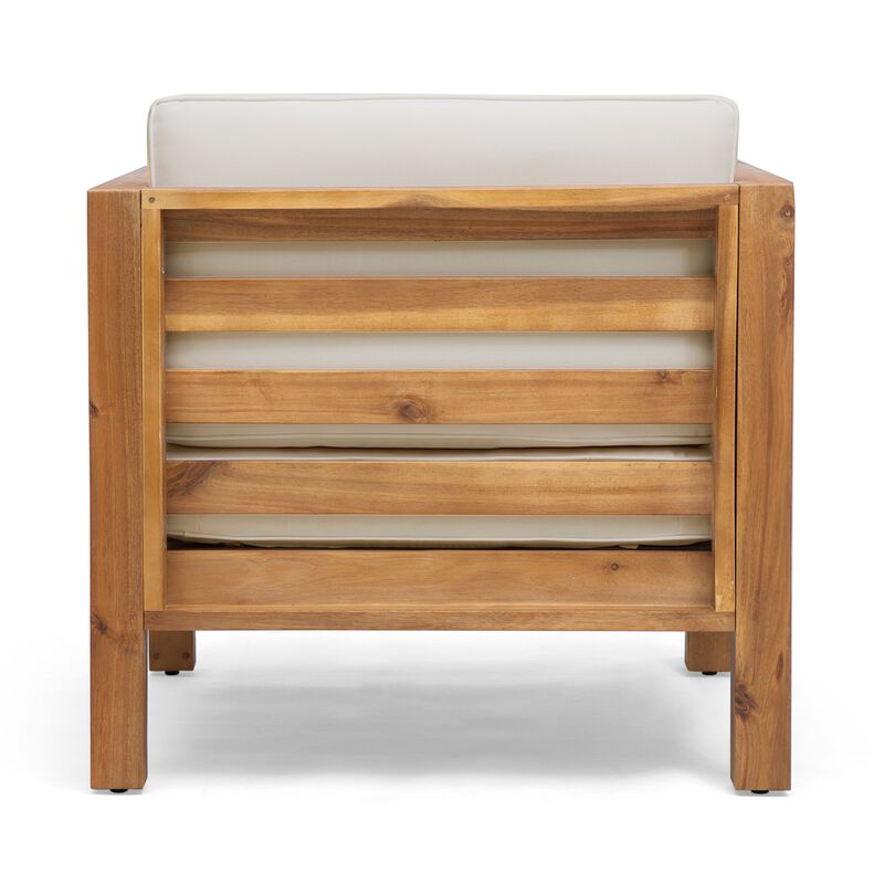 Carie Outdoor Accent Chair, Beige, Soft Cushions, Brown Acacia Wood - Benzara