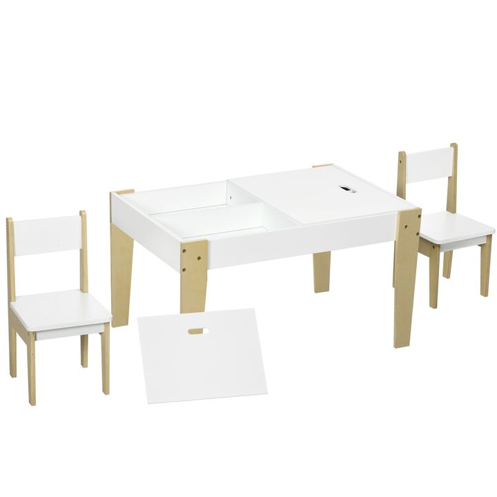 White Kids' Activity Center: 3-Piece Table & Chair Set with Storage