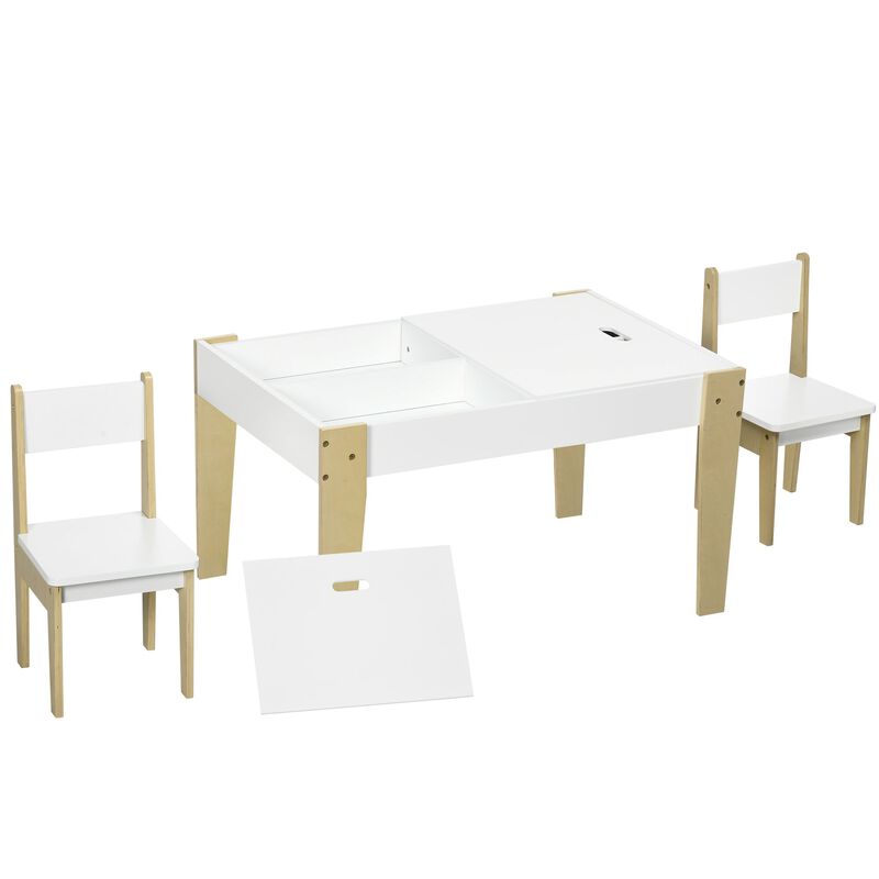 White Kids' Activity Center: 3-Piece Table & Chair Set with Storage