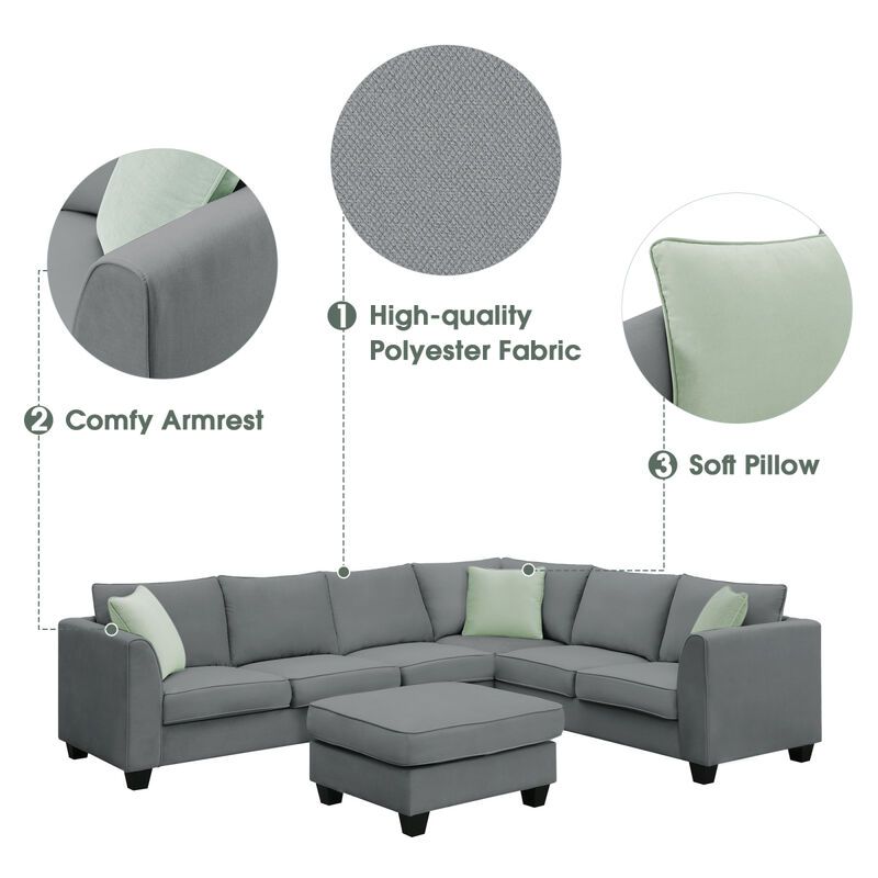 7-Seat L-Shaped Modular Sectional Sofa Set, Grey