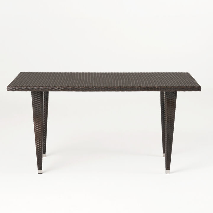 Miny Outdoor Rectangle Dining Table, 59 Inch Iron, Brown Wicker Rattan - Benzara