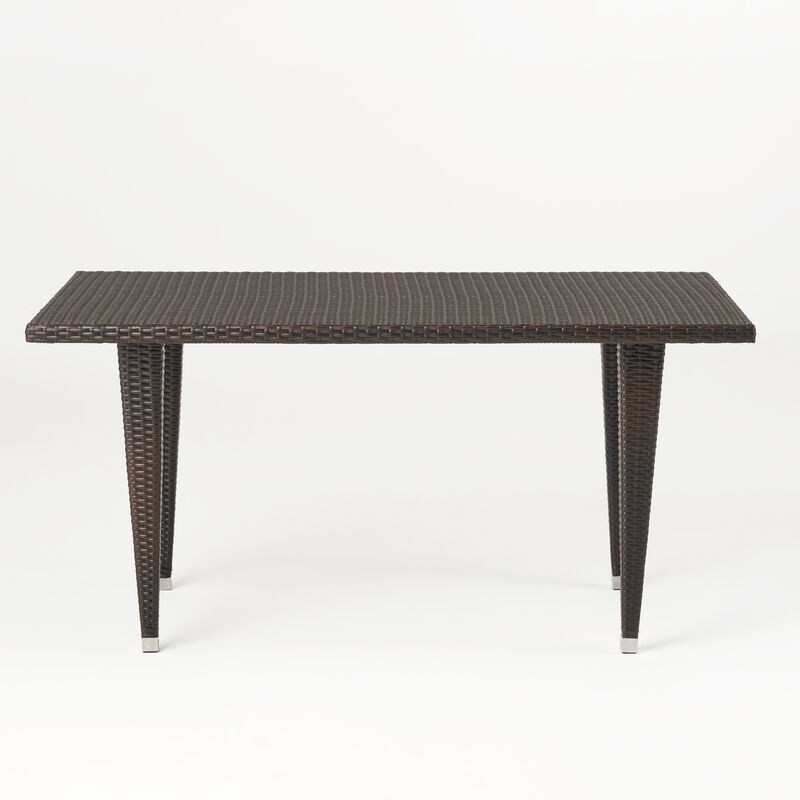 Miny Outdoor Rectangle Dining Table, 59 Inch Iron, Brown Wicker Rattan - Benzara