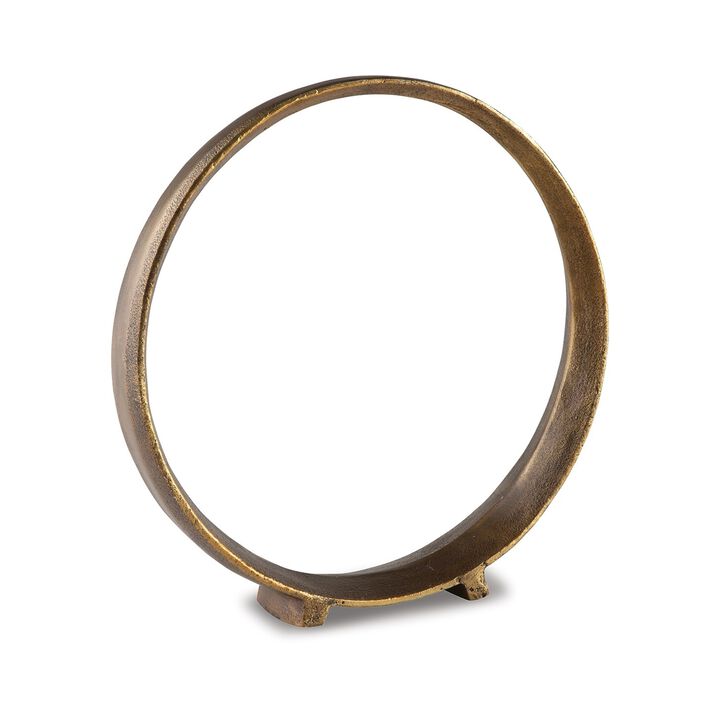 Dalie 15 Inch Sculpture, Set of 2, Round, Antique Brass Tone Cast Aluminium - Benzara