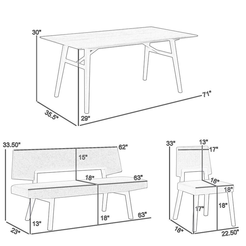 Yumi 5 Piece Dining Table Set, Chairs, Bench, Charcoal Fabric, Black - Benzara