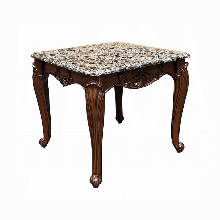 Aliya Side End Table, Rectangular 28 Inch Marble, Cherry Brown Wood - Benzara