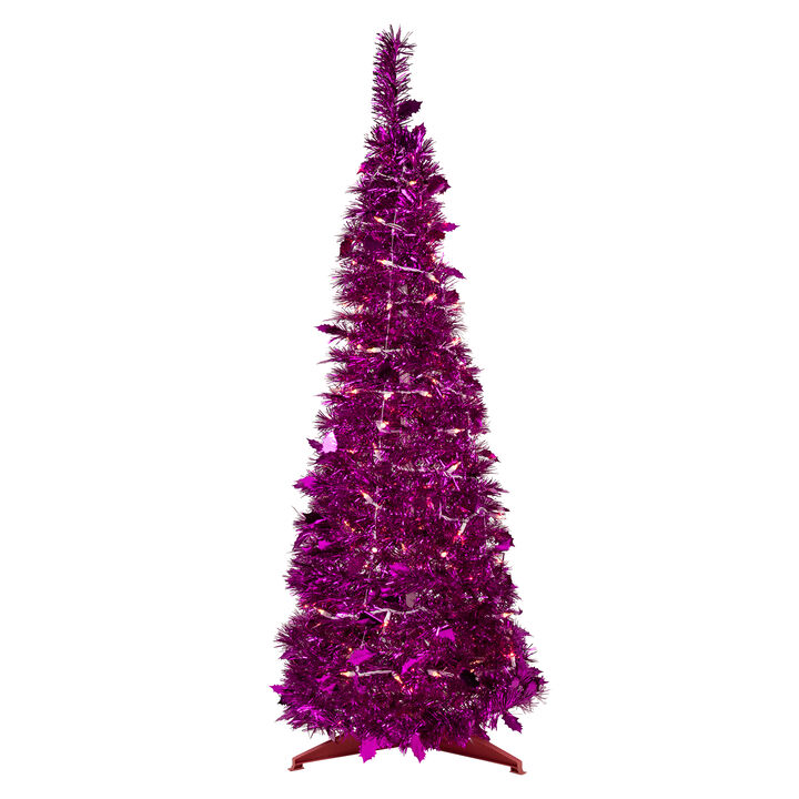 4' Pre-Lit Pink Tinsel Pop-Up Artificial Christmas Tree  Clear Lights