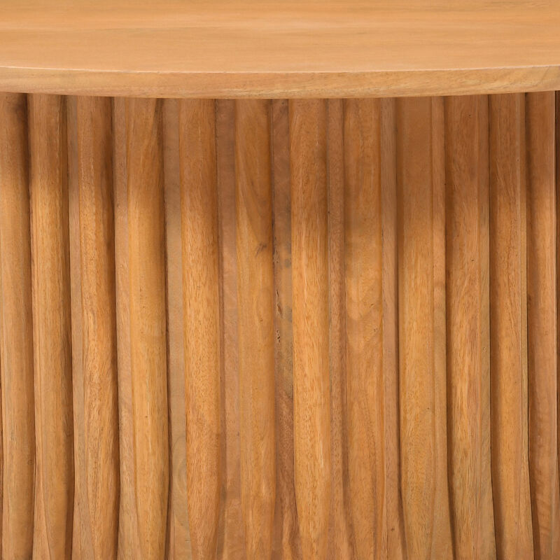 Sejo Coffee Table, 34 Inch Round Top with Fluted Base in Natural Brown Mango Wood - Benzara