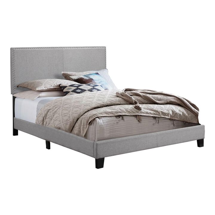 Shirin Twin Size Bed, Wood, Nailhead Trim, Upholstered Headboard, Gray - Benzara Shirin Twin Size Bed, Wood, Nailhead Trim, Upholstered Headboard, Gray - Benzara