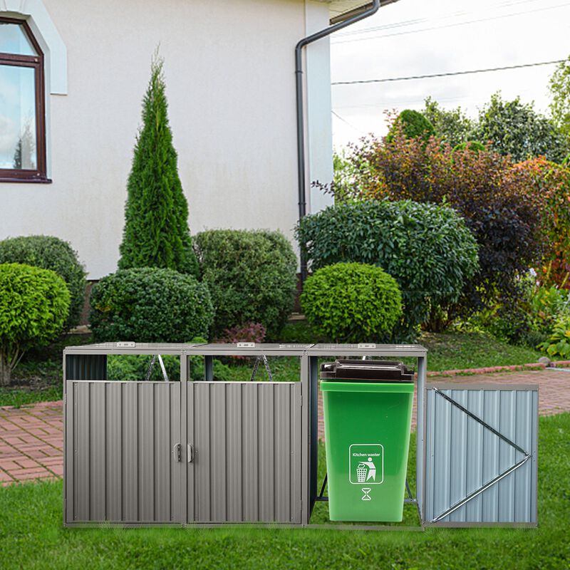MONDAWE Garbage Bin Shed Stores 3 Trash Cans Metal Outdoor Bin Shed for Garbage Storage,Stainless Galvanized Steel, Bin Shed for Garden Yard Lawn