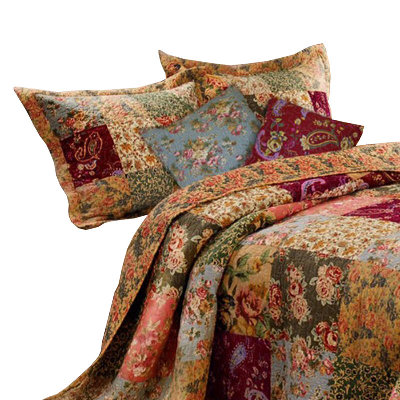 Kamet 5 Piece Fabric King Size Quilt Set with Floral Prints, Multicolor - Benzara