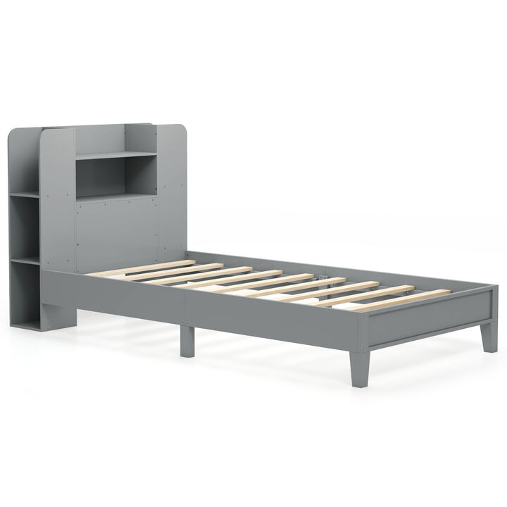 Wooden Platform Bed Frame with Bookcase Headboard