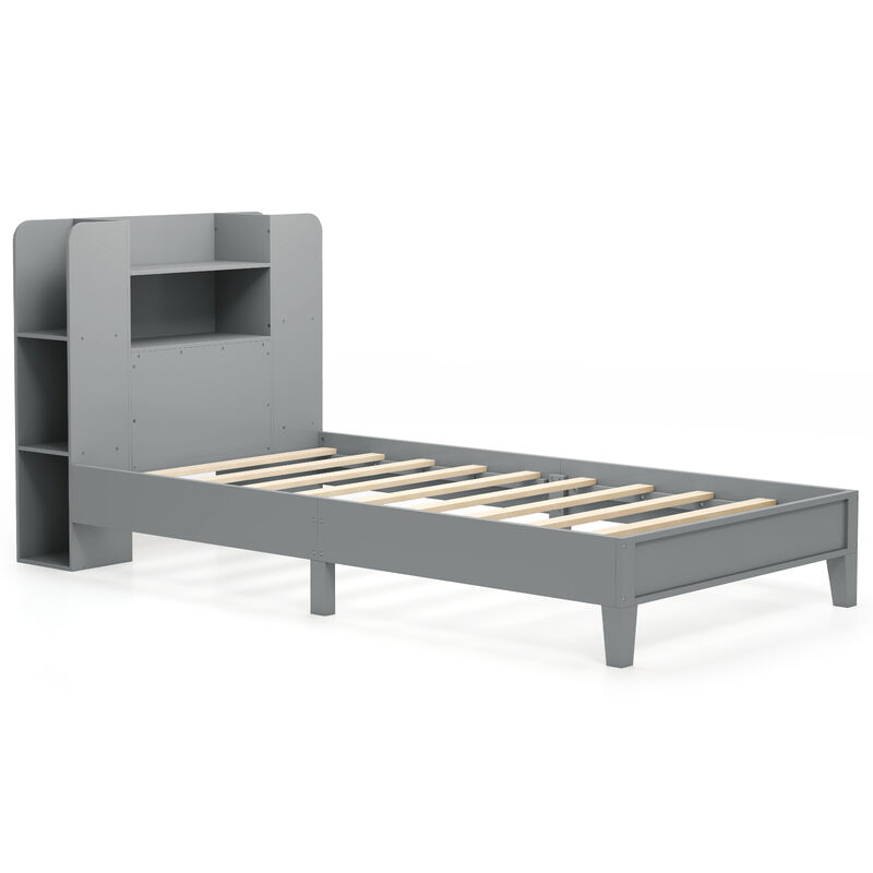 Wooden Platform Bed Frame with Bookcase Headboard