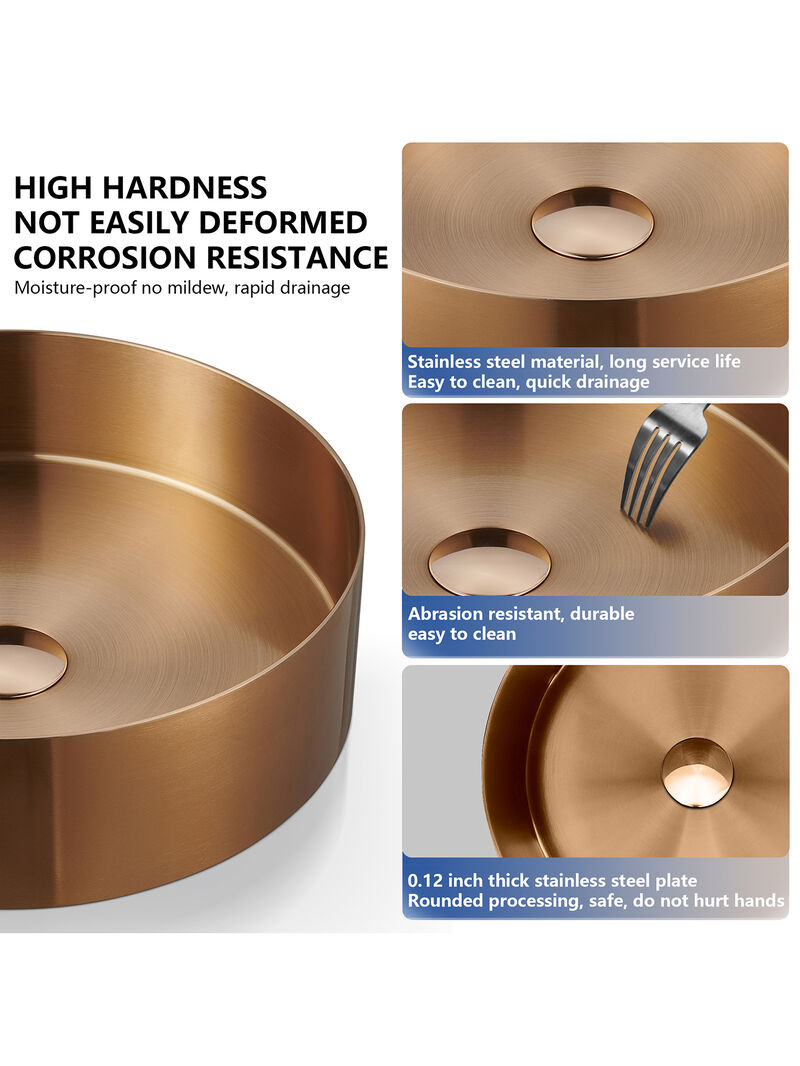 Stainless Steel Bathroom Sink with Mounting Ring & Pop-Up Drain Round Bowl Basin Rose Gold