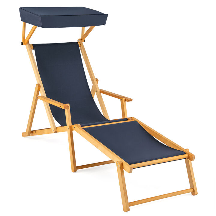 Birch Wood Chaise Lounge Chair – Foldable Beach Chair with Adjustable Canopy for Outdoor Relaxation