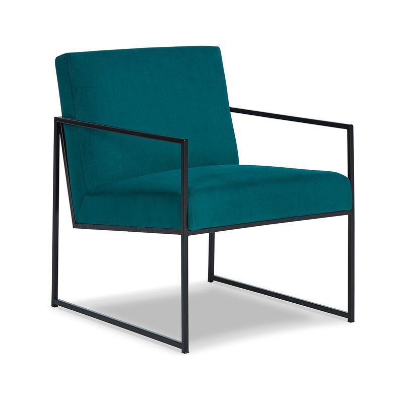 Anisa Accent Chair, Teal Velvet Seat Cushions, Black Metal Frame - Benzara