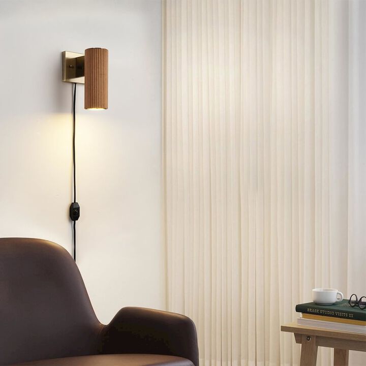 NOVA OF CALIFORNIA Tambo Wall Sconce - Natural Ash Wood Finish, Weathered Brass, Dimmer