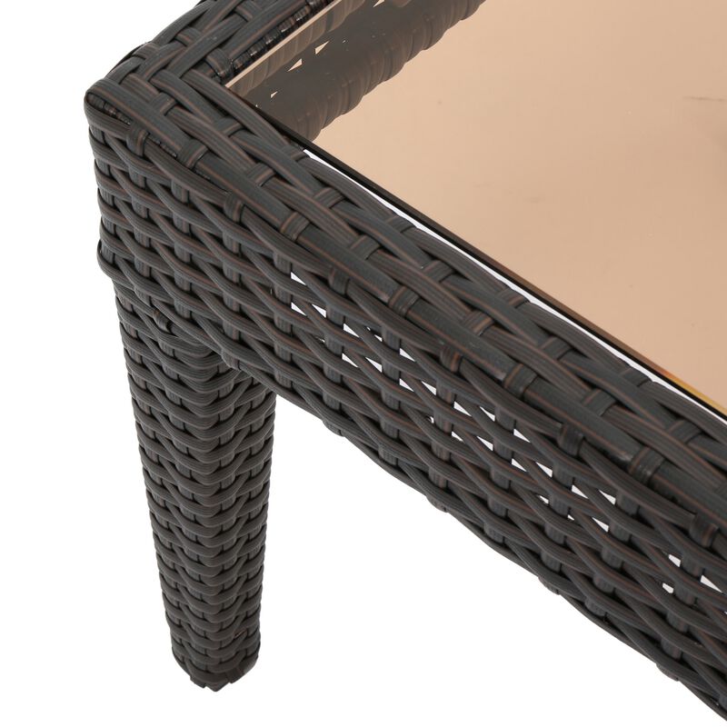 Annie Outdoor Accent Table, Square Tempered Glass 20 Inch Brown Wicker - Benzara