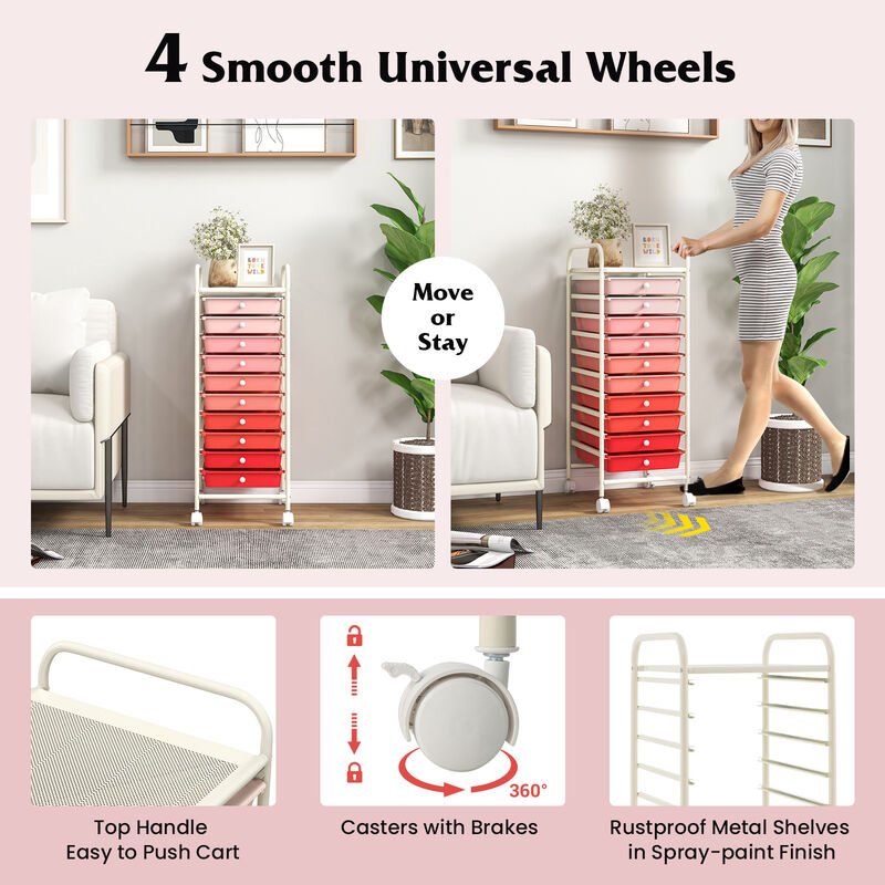 10 Drawer Rolling Storage Cart Organizer with 4 Universal Casters