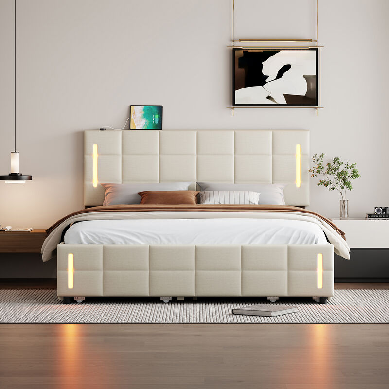 Streamdale Queen Size Upholstered Platform Bed With Trundle And Drawers