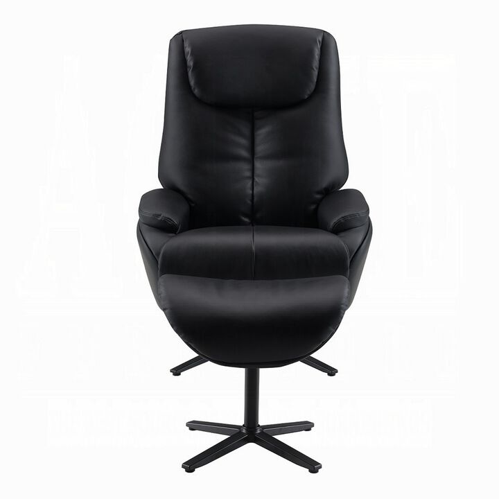 Nita Swivel Accent Chair with Ottoman, Plush Black Top Grain Leather - Benzara