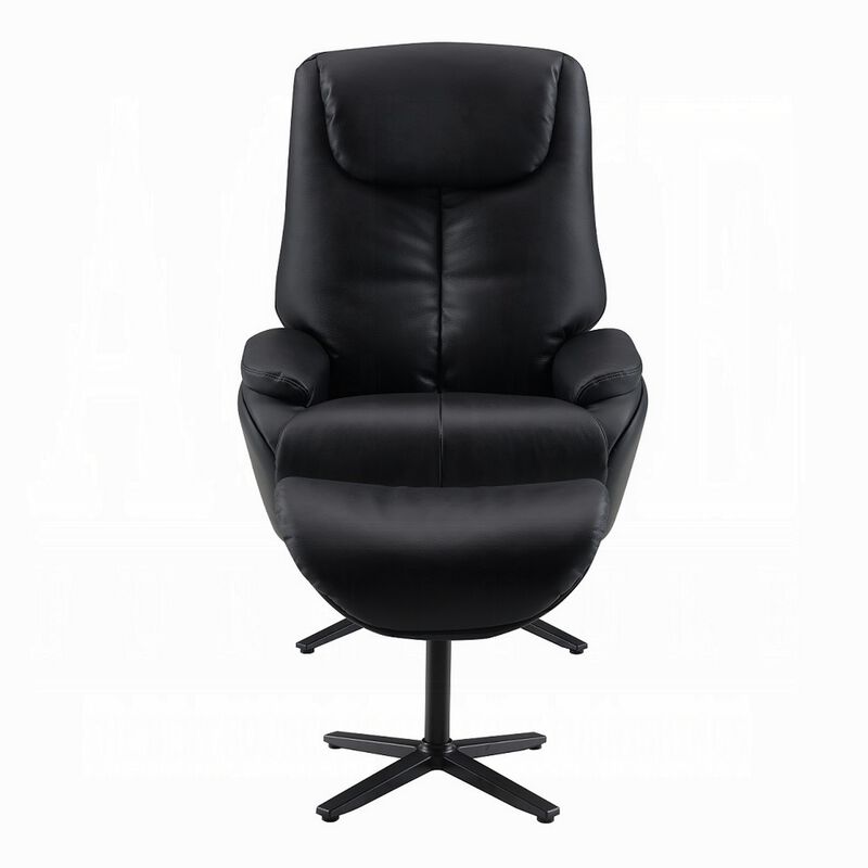 Nita Swivel Accent Chair with Ottoman, Plush Black Top Grain Leather - Benzara