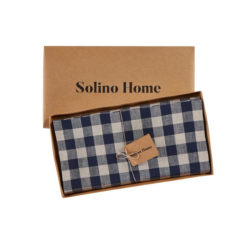 Solino Home 100% Pure Linen Table Throw 52 x 52 Inch | Morgan Check for Thanksgiving, Christmas