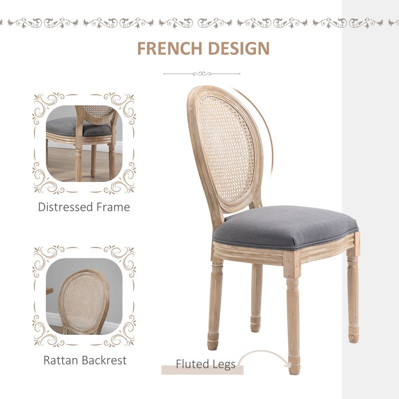 Grey French Dining: Armless Chairs with Rattan Back, Set of 2
