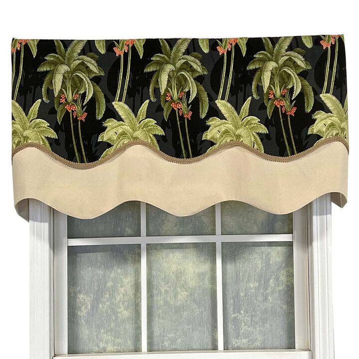 RLF Home Shadow Gimp Trim Detail Printed Palm Glory High Quality Valance 3" Rod Pocket 50" x 16" Ebony Black