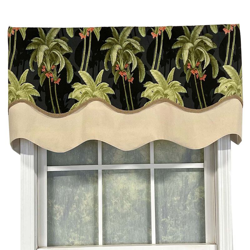 RLF Home Shadow Gimp Trim Detail Printed Palm Glory High Quality Valance 3" Rod Pocket 50" x 16" Ebony Black