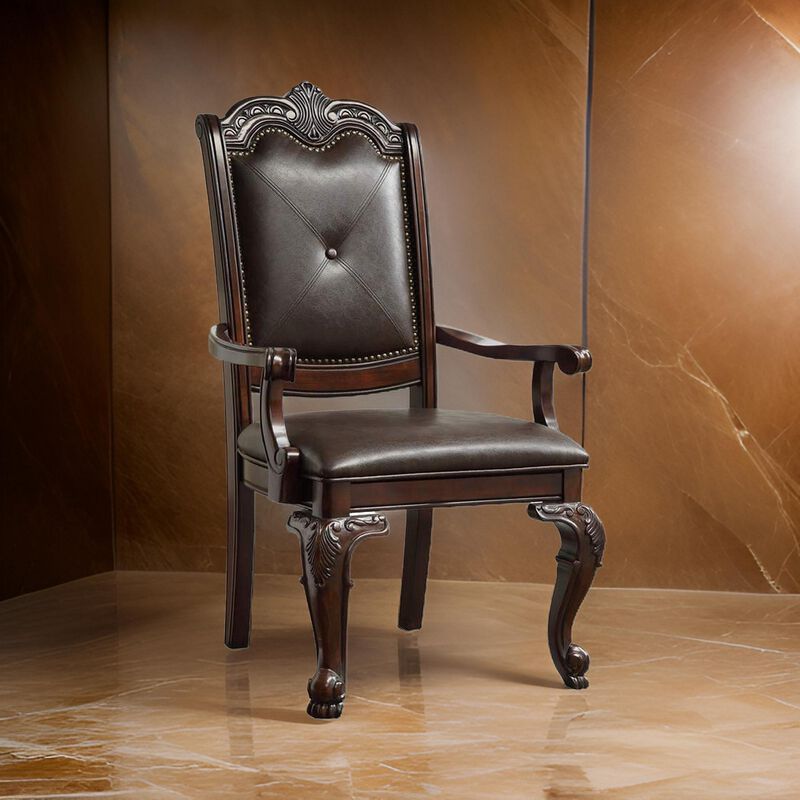 Crowned Top Wooden Side Chair with Leatherette Seating, Set of 2, Dark Brown-Benzara