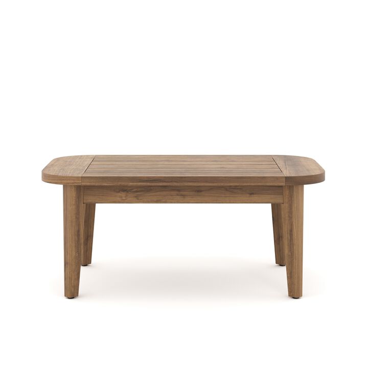 Nea Outdoor Coffee Table, 38 Inch Rectangular Natural Brown Wood Top - Benzara