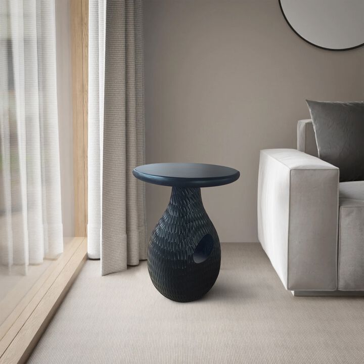 14 Inch Side End Table, Artisan Handcrafted Mango Wood, Embossed Teardrop Shaped Base, Black - Benzara