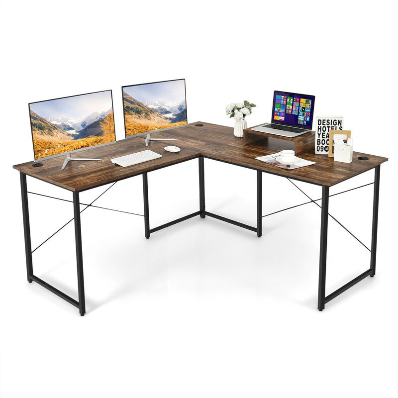 95 Inch 2-Person L-Shaped Long Reversible Computer Desk with Monitor Stand
