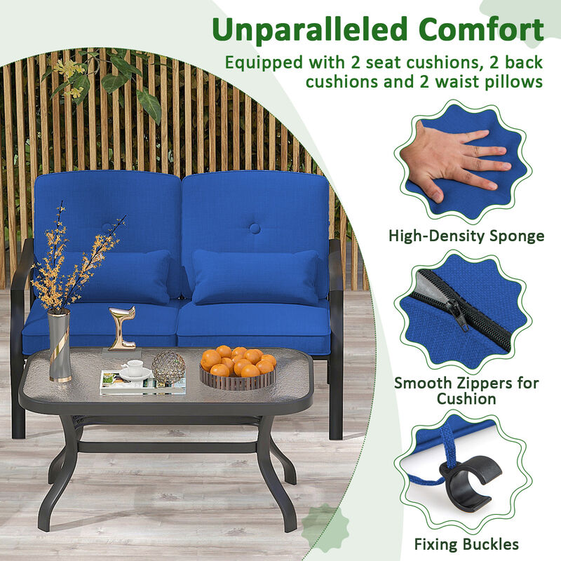 Outdoor Loveseat Chair Set with Tempered Glass Coffee Table
