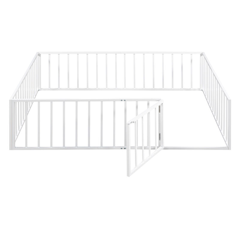 Streamdale Queen Size Metal Floor Bed Frame With Fence And Door, White