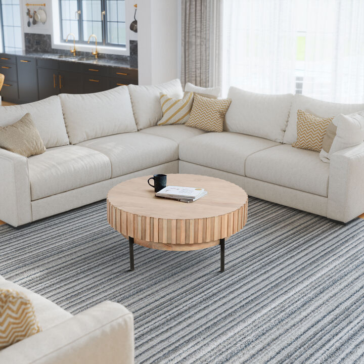 36 Inch Modern Handcrafted Round Coffee Table, Oak White Wood Top with Grooved Edges, Black Iron Legs-Benzara