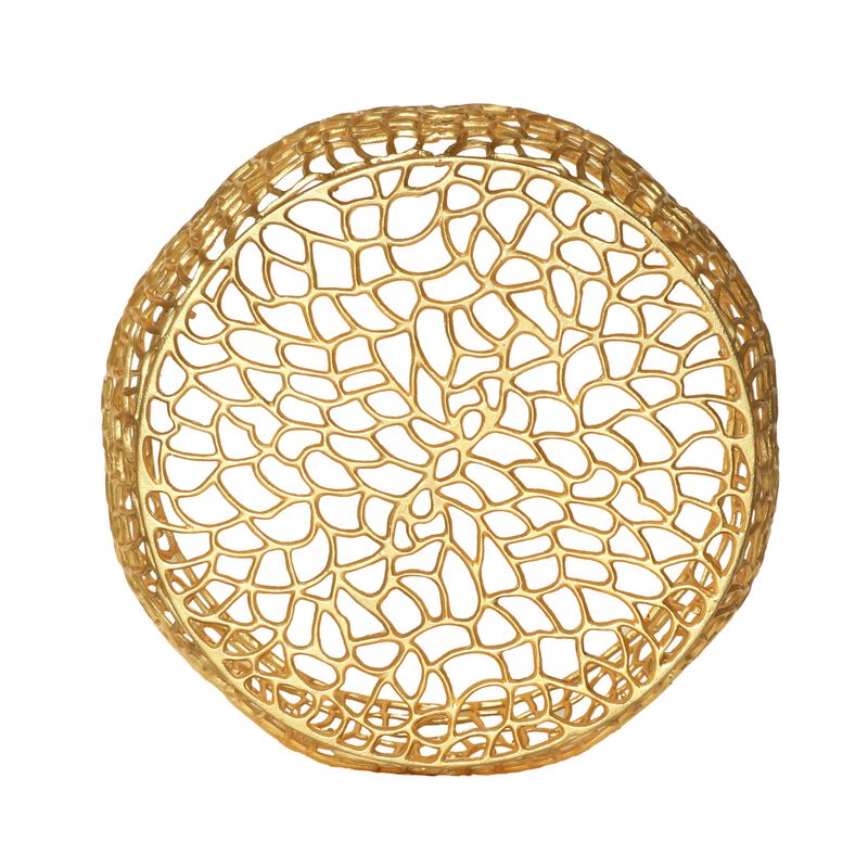 Coffee Table, 28 Inch Round Plinth Mesh Design, Open Gold Metal Frame - Benzara