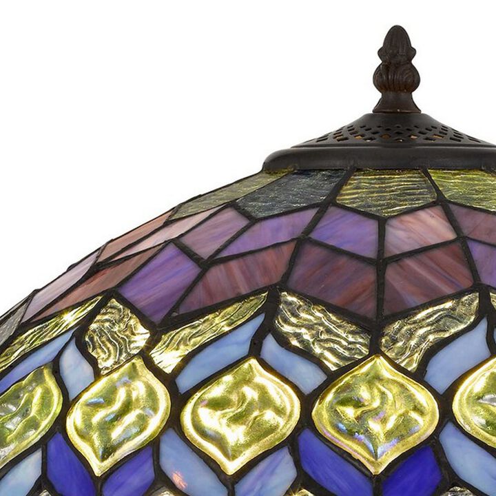 120 Watt Tiffany Table Lamp with Engraved Base, Multicolor-Benzara